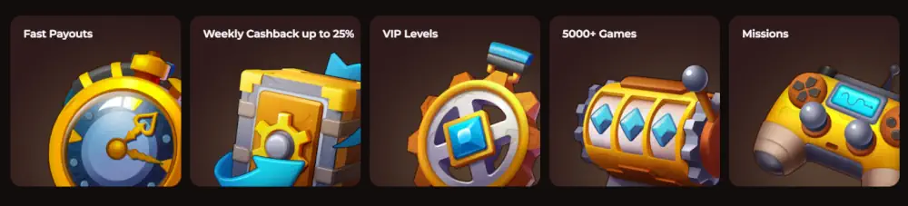 Destaques da plataforma Vinci Spin, incluindo pagamentos rápidos, cashback semanal e níveis VIP